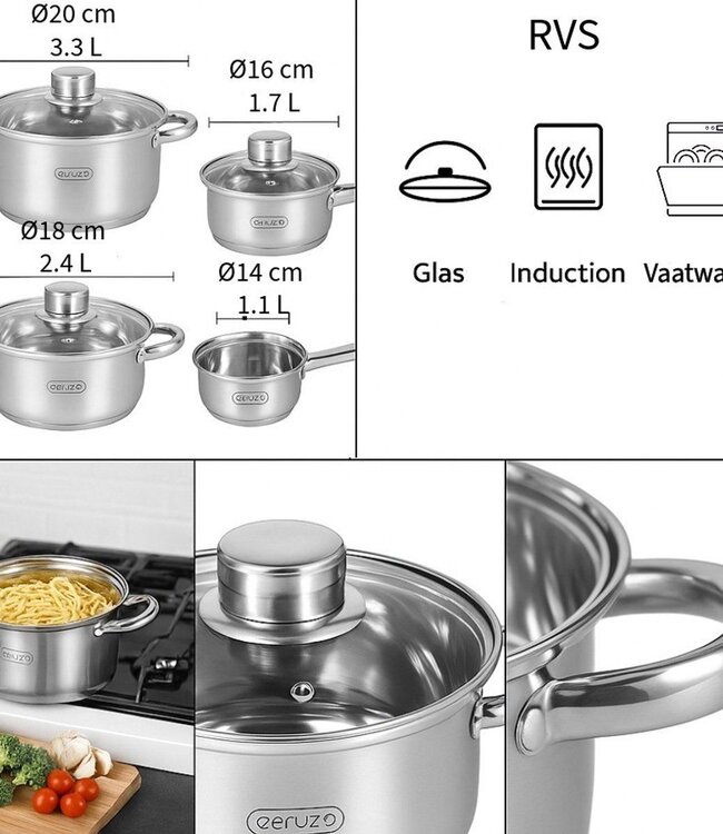 Pannenset 8-delig - alle Warmtebronnen - Inductie