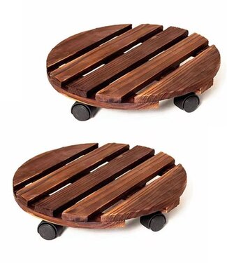 Ceruzo 2x Plantentrolley met Wieltjes - Rond 30 cm - Hout