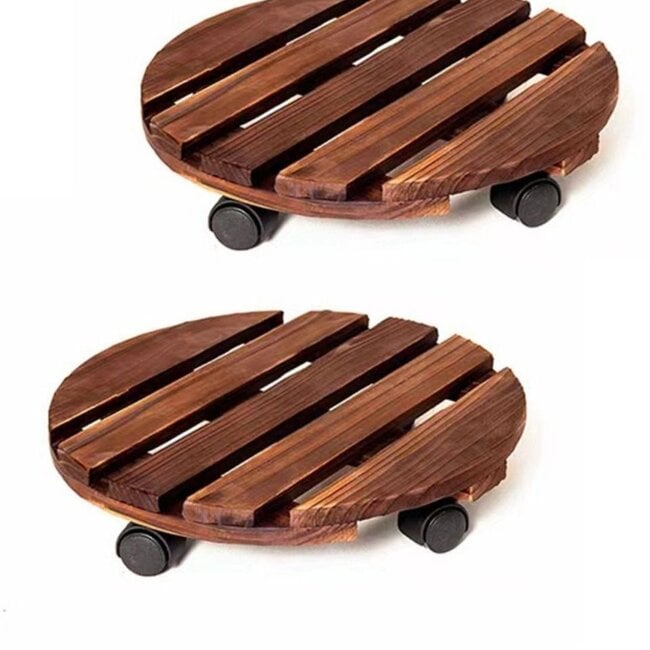 2x Plantentrolley met Wieltjes - Rond 30 cm - Hout