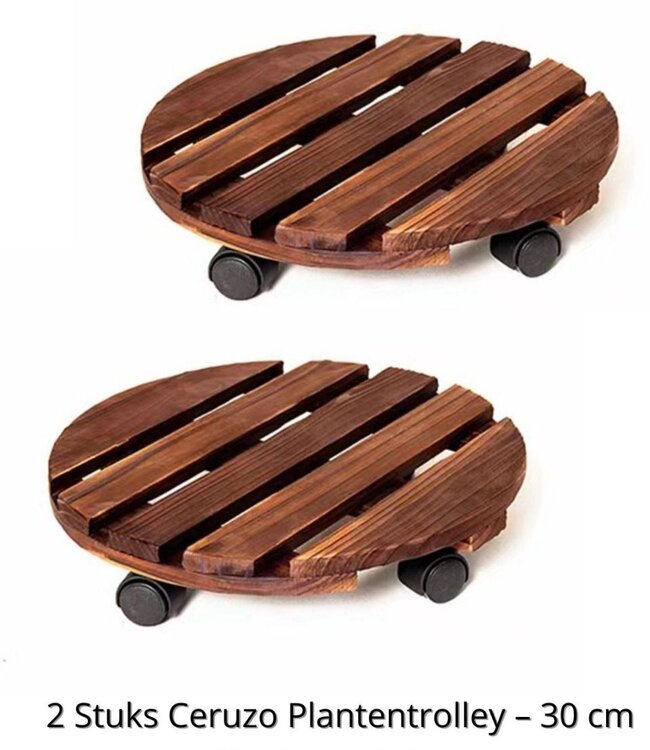 2x Plantentrolley met Wieltjes - Rond 30 cm - Hout
