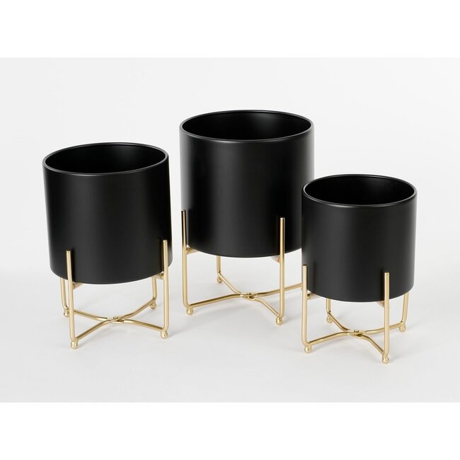 Mica Decorations Aries Blumentöpfe mit Ständern aus Eisen - Schwarz - 3er-Set