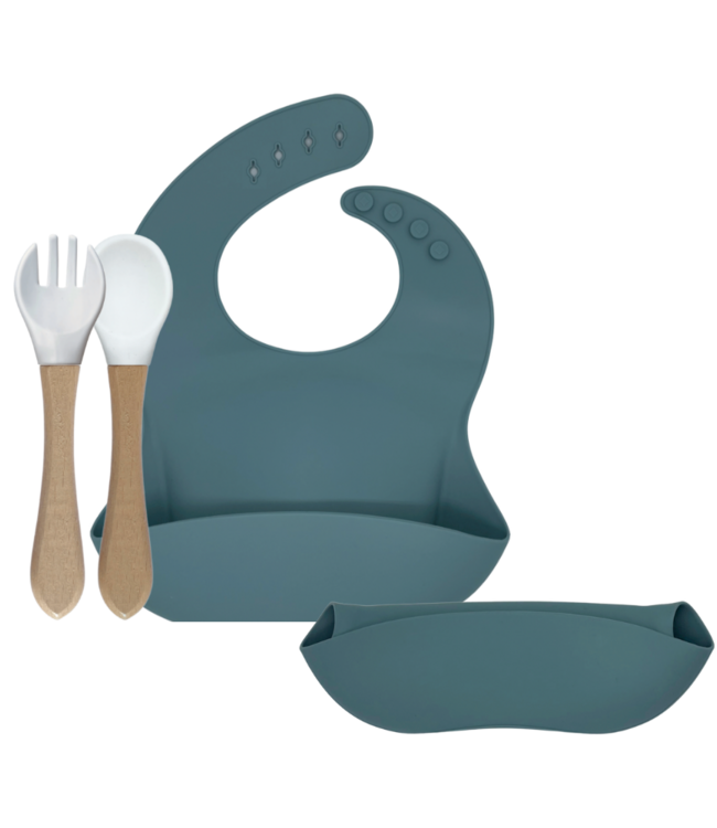 green-goose Siliconen Slabbetje en Bamboe Bestek - Petrol