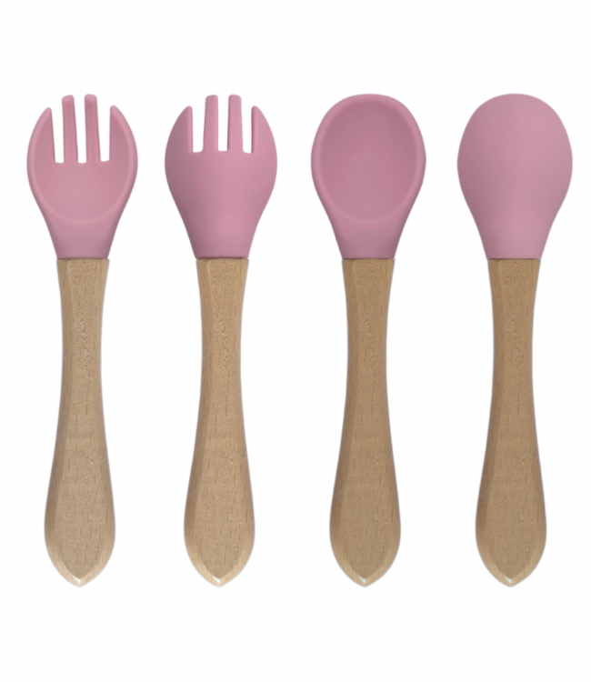 green-goose Siliconen Slabbetje en Bamboe Bestek - Roze