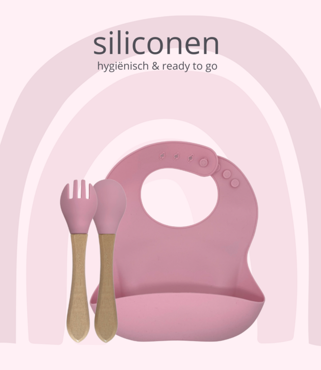 green-goose Siliconen Slabbetje en Bamboe Bestek - Roze
