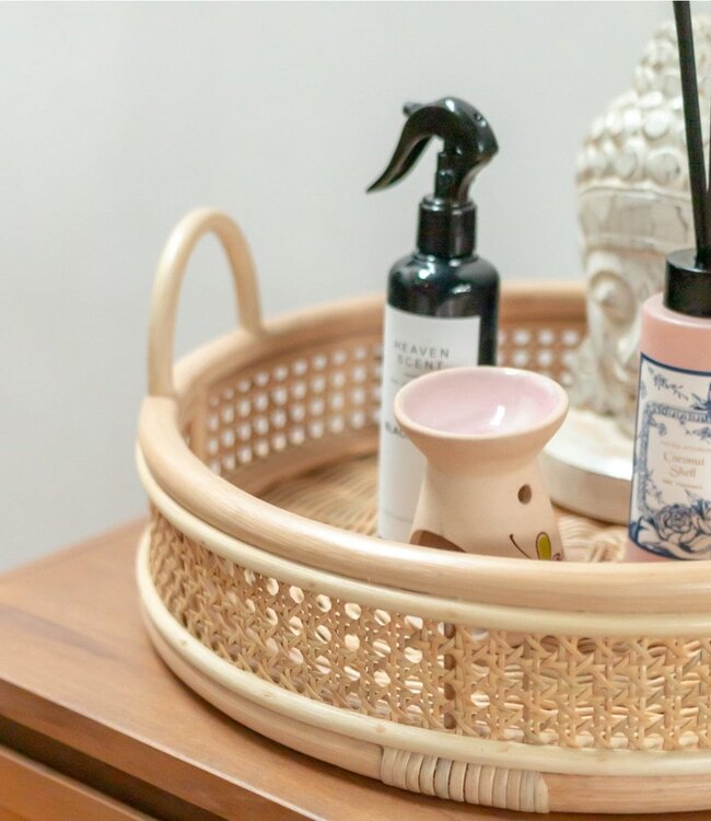 Rotan Dienblad | Rond Dienblad NEIRA Handgemaakt Beige Decoratief Dienblad Ø40 cm