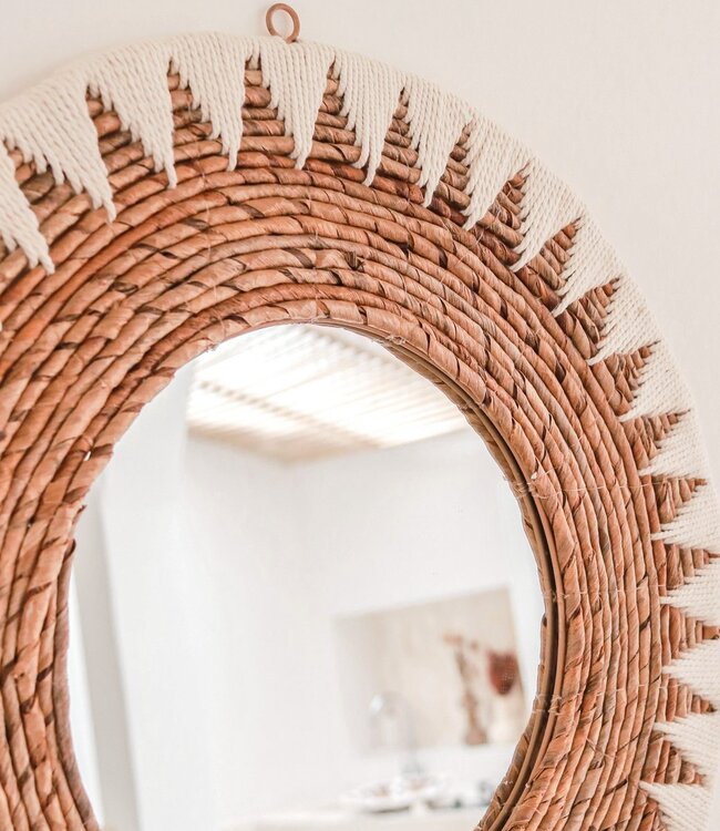 Ronde Boho Spiegel 60 cm | Handgemaakte geweven wandspiegel AWAN | Wanddecoratie met patroon gemaakt van katoenen koorden