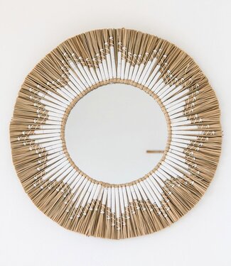 Soeji Ronde wandspiegel van zeegras – Boho hangspiegel – wandspiegel met franjes en patroon van wit katoen (Ø 60 cm) RANDU