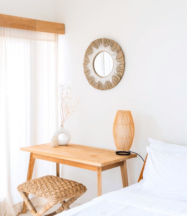 Ronde wandspiegel van zeegras – Boho hangspiegel – wandspiegel met franjes en patroon van wit katoen (Ø 60 cm) RANDU