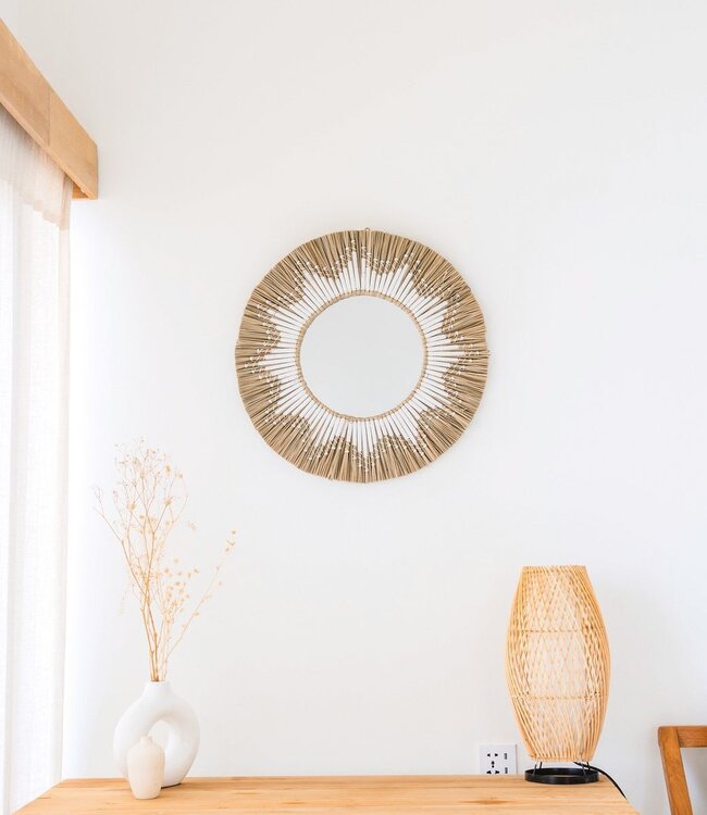 Ronde wandspiegel van zeegras – Boho hangspiegel – wandspiegel met franjes en patroon van wit katoen (Ø 60 cm) RANDU