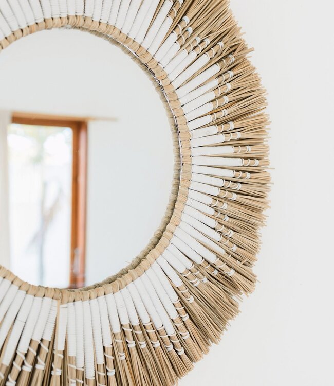 Ronde wandspiegel van zeegras – Boho hangspiegel – wandspiegel met franjes en patroon van wit katoen (Ø 60 cm) RANDU