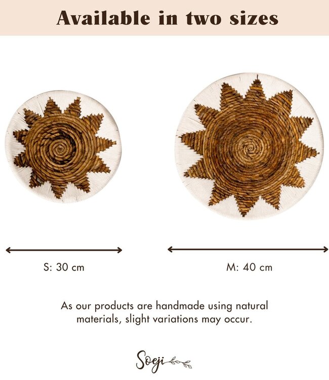 Ronde Boho Wandmand – Geweven Wanddecoratie – Decoratieve Schaal – Geweven Wandbord met Geborduurd Sterpatroon ADARI (2 maten, Ø30/40 cm)