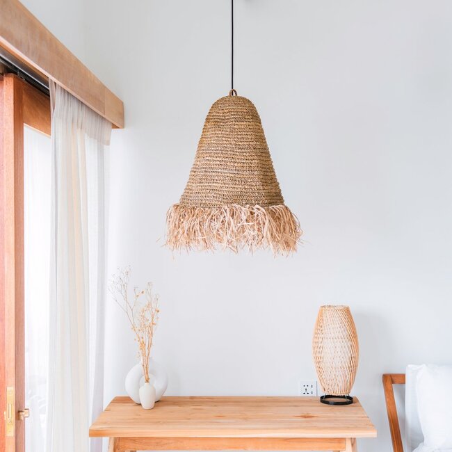 Raffia Boho Lampenkap – Hanglamp – Hanglamp – Handgeweven Plafondlamp met Lange Franjes (3 maten Ø 30/40/50 cm) KALIMA