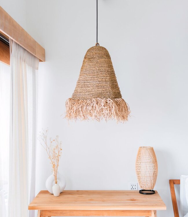 Raffia Boho Lampenkap – Hanglamp – Hanglamp – Handgeweven Plafondlamp met Lange Franjes (3 maten Ø 30/40/50 cm) KALIMA