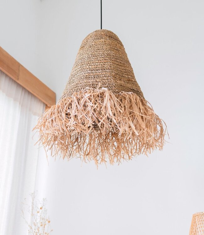 Raffia Boho Lampenkap – Hanglamp – Hanglamp – Handgeweven Plafondlamp met Lange Franjes (3 maten Ø 30/40/50 cm) KALIMA