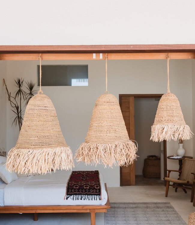 Raffia Boho Lampenkap – Hanglamp – Hanglamp – Handgeweven Plafondlamp met Lange Franjes (3 maten Ø 30/40/50 cm) KALIMA