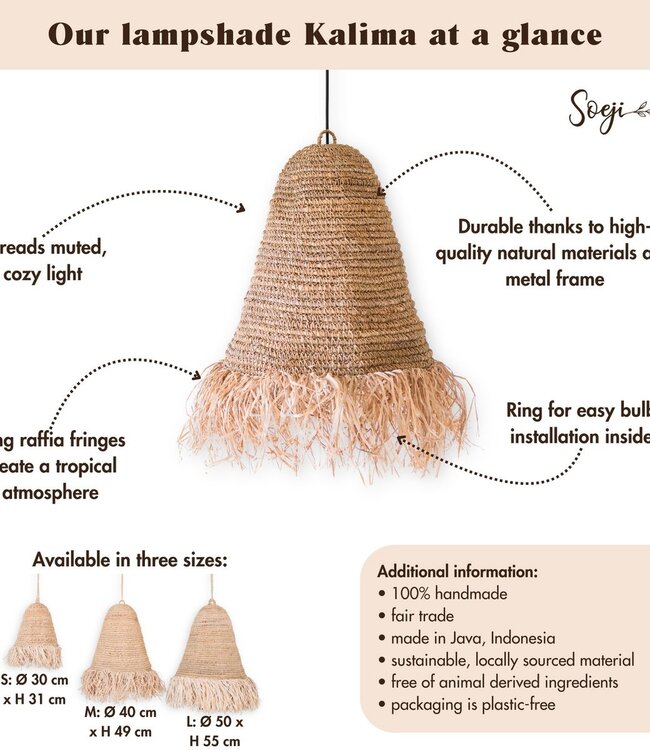 Raffia Boho Lampenkap – Hanglamp – Hanglamp – Handgeweven Plafondlamp met Lange Franjes (3 maten Ø 30/40/50 cm) KALIMA