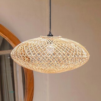 Soeji Rattan lampenkap-Boho hanglamp-Natuurlijke plafondlamp-schijfvormige lamp-plat handgeweven plafondlicht (Ø 40 cm) arana