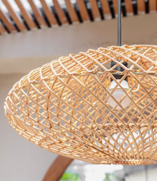 Rattan lampenkap-Boho hanglamp-Natuurlijke plafondlamp-schijfvormige lamp-plat handgeweven plafondlicht (Ø 40 cm) arana