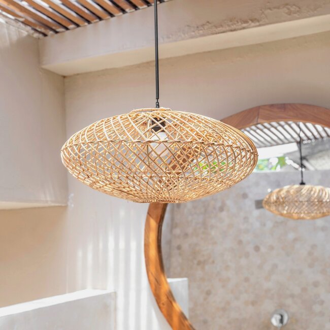 Rattan lampenkap-Boho hanglamp-Natuurlijke plafondlamp-schijfvormige lamp-plat handgeweven plafondlicht (Ø 40 cm) arana