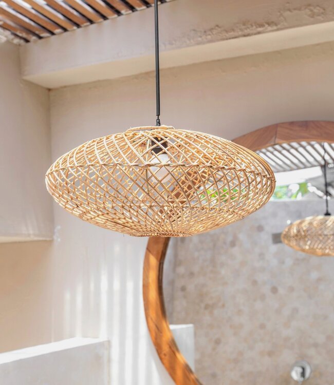Rattan lampenkap-Boho hanglamp-Natuurlijke plafondlamp-schijfvormige lamp-plat handgeweven plafondlicht (Ø 40 cm) arana