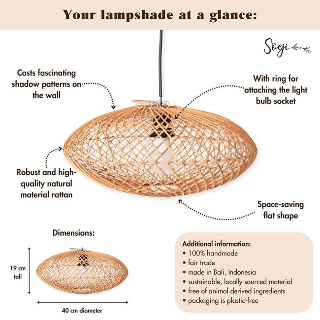 Rattan lampenkap-Boho hanglamp-Natuurlijke plafondlamp-schijfvormige lamp-plat handgeweven plafondlicht (Ø 40 cm) arana