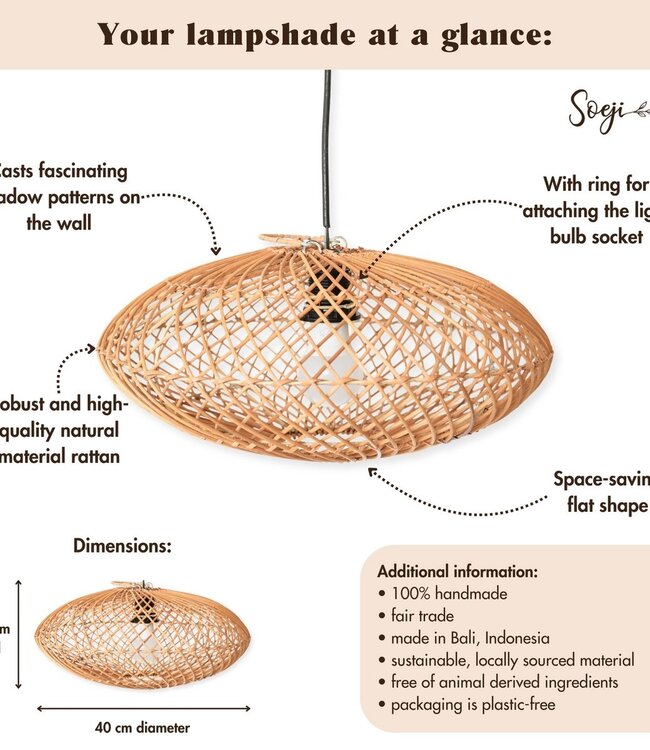 Rattan lampenkap-Boho hanglamp-Natuurlijke plafondlamp-schijfvormige lamp-plat handgeweven plafondlicht (Ø 40 cm) arana