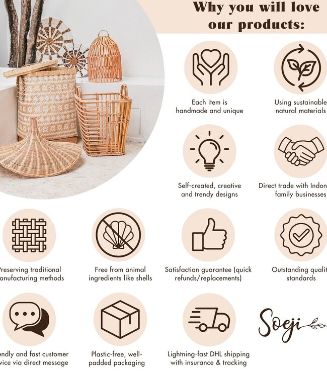 Rattan lampenkap-Boho hanglamp-Natuurlijke plafondlamp-schijfvormige lamp-plat handgeweven plafondlicht (Ø 40 cm) arana