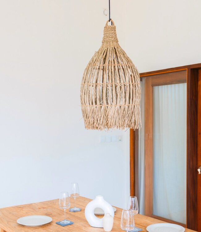 Plafondlamp van zeegras – Boho lampenkap hanglamp – natuurlijke hanglamp – grote trechtervormige zeegras lampenkap LAMPUNG (Ø 40 cm)