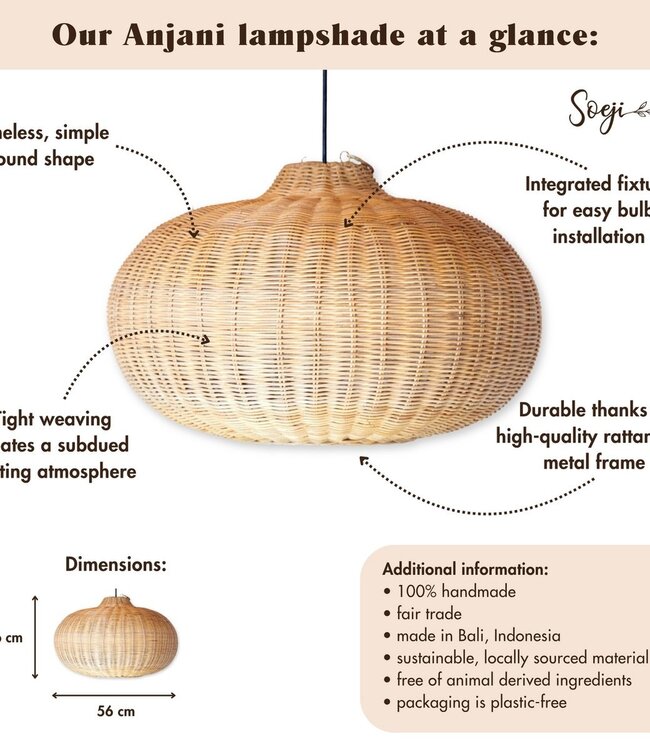 Grote rotan -lampenkap - ronde boho hanglamp - handgemaakte rotan hangende lamp - natuurlijke vezels geweven lampenkap (Ø 56 cm) anjani