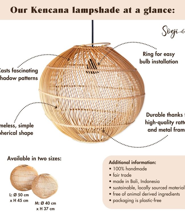Round Rattan Lampshade - Boho hanglamp Modern - Handgemaakte plafondlamp - Sferische natuurlijke hanglamp (Ø 40/50 cm) Kencana