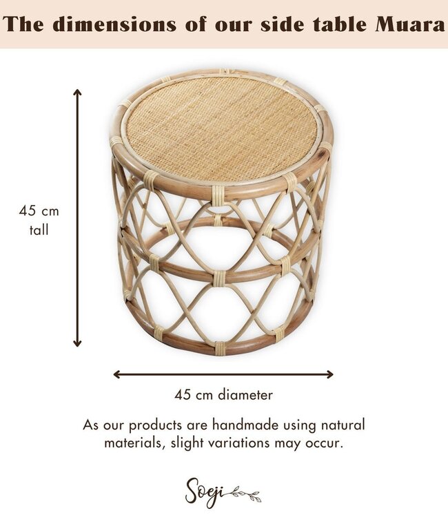 Ronde rotan bijzettafel – kleine boho salontafel – nachtkastje rotan beige – handgemaakte tafel gemaakt van natuurlijk rotan (Ø 45 cm) MUARA