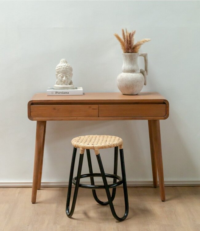 Rotan Kruk KOLAKA Zwart Ø35 cm met Geweven Zitvlak | Kleine ronde kruk met drie poten