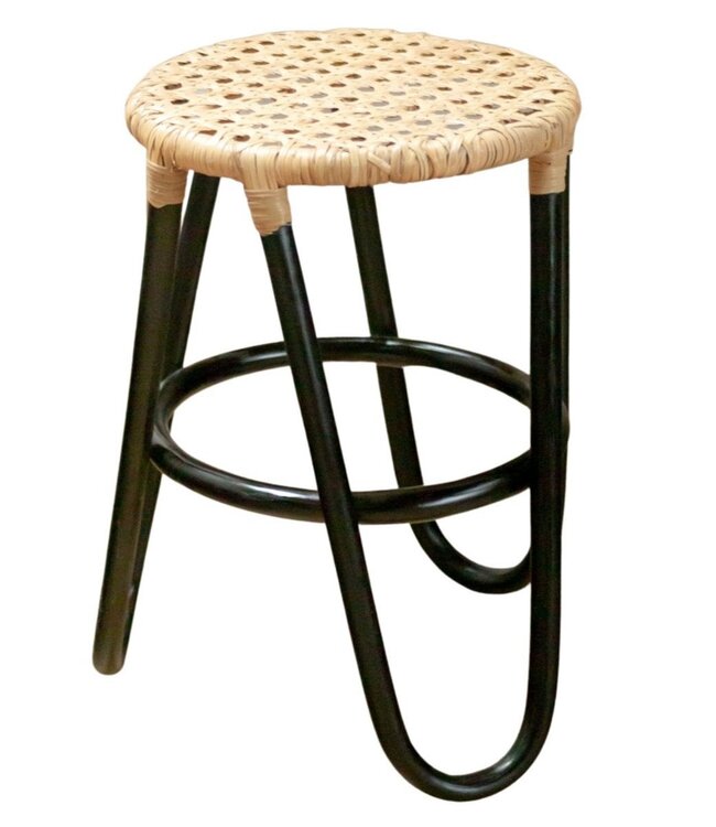 Rotan Kruk KOLAKA Zwart Ø35 cm met Geweven Zitvlak | Kleine ronde kruk met drie poten