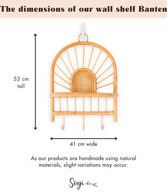 Rotan Wandplank – Kleine Boho Wandplank – Hangende Rotan Plank – Jas- of Sleutelhaak – Handgemaakte Plank Gemaakt van Rotan (41x53 cm) BANTEN