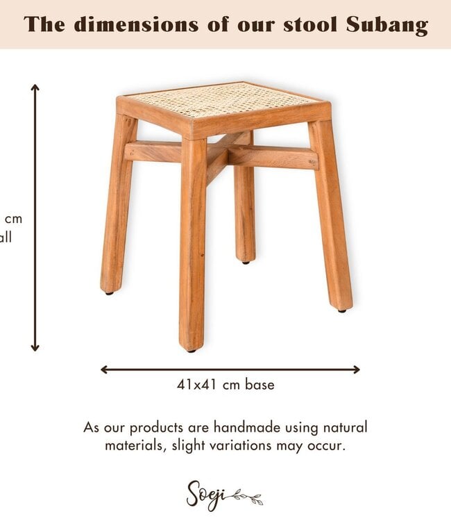 Houten kruk – massieve rechthoekige kruk – handgemaakte vierkante kruk gemaakt van regenboomhout met geweven rotan zitoppervlak SUBANG