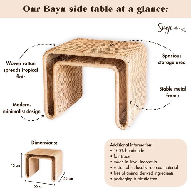 Rotan bijzettafel met stabiel metalen frame – Handgemaakte salontafel BAYU