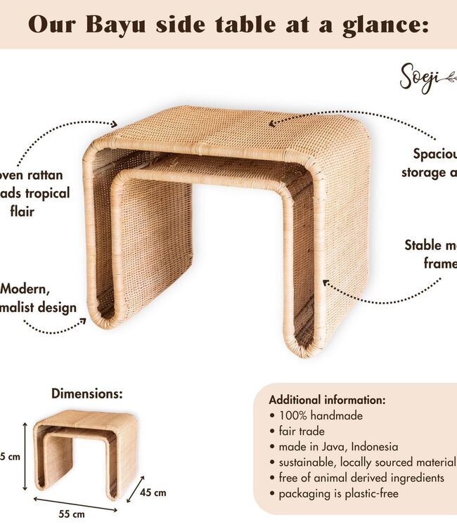 Rotan bijzettafel met stabiel metalen frame – Handgemaakte salontafel BAYU