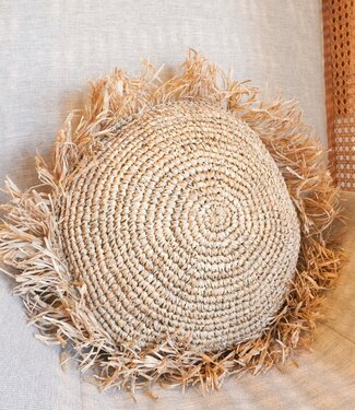 Soeji Rond Boho Kussen met Franjes Decoratief Kussen Ø40/50 cm Sierkussen van Raffia Bankkussen met Vulling TARAKAN beige