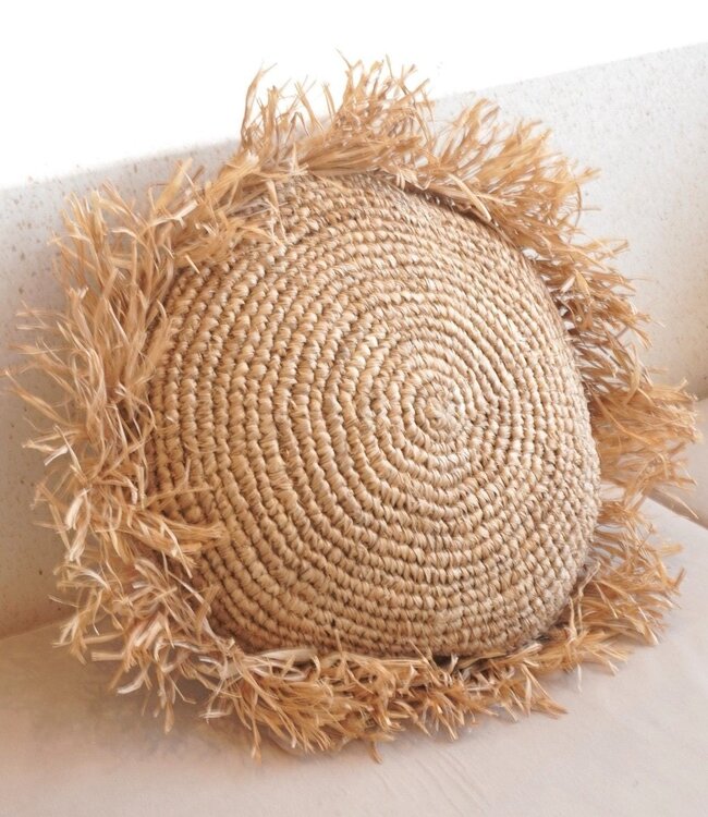 Rond Boho Kussen met Franjes Decoratief Kussen Ø40/50 cm Sierkussen van Raffia Bankkussen met Vulling TARAKAN beige