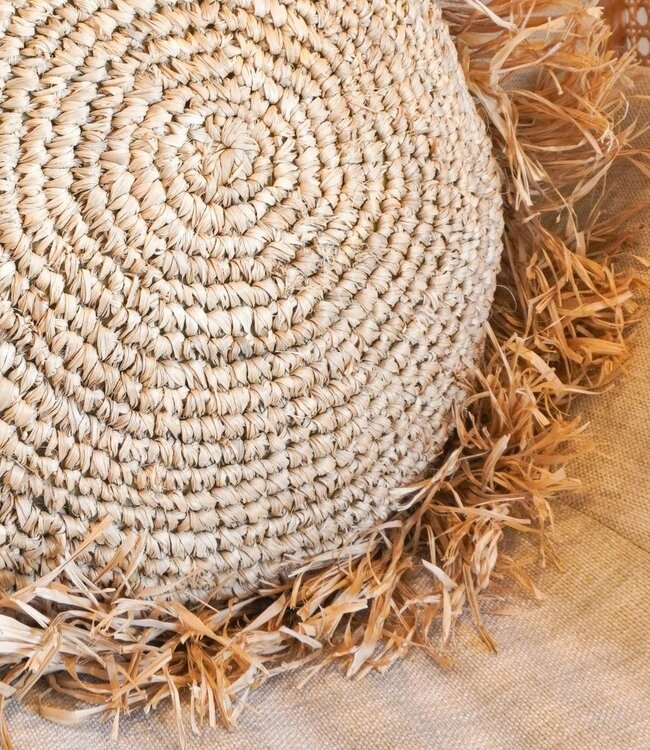 Rond Boho Kussen met Franjes Decoratief Kussen Ø40/50 cm Sierkussen van Raffia Bankkussen met Vulling TARAKAN beige