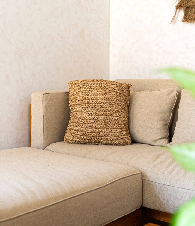 Boho kussen gemaakt van raffia - 40x40 cm decoratief geweven kussen - sofa kussen - natuurlijk beige vierkante kussen handgemaakt van raffia jiwa