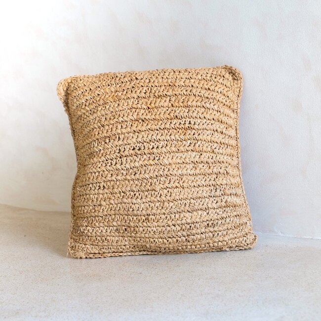 Boho kussen gemaakt van raffia - 40x40 cm decoratief geweven kussen - sofa kussen - natuurlijk beige vierkante kussen handgemaakt van raffia jiwa