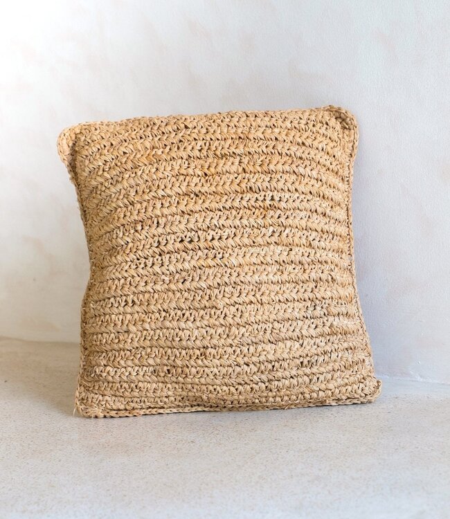 Boho kussen gemaakt van raffia - 40x40 cm decoratief geweven kussen - sofa kussen - natuurlijk beige vierkante kussen handgemaakt van raffia jiwa