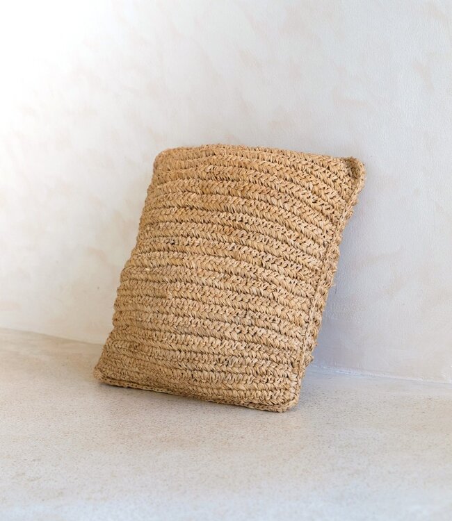 Boho kussen gemaakt van raffia - 40x40 cm decoratief geweven kussen - sofa kussen - natuurlijk beige vierkante kussen handgemaakt van raffia jiwa