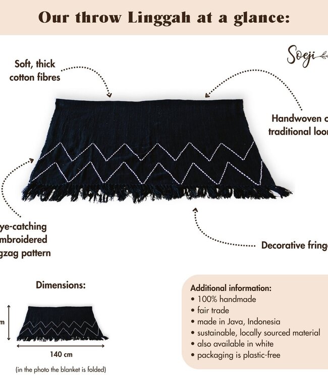 Zwarte plaid handgeweven – Boho sprei – geruite franjes en zigzagpatroon – gezellige bankdeken – katoenen plaid 140x200 cm LINGGAH