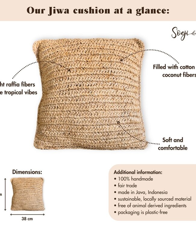 Boho kussen gemaakt van raffia - 40x40 cm decoratief geweven kussen - sofa kussen - natuurlijk beige vierkante kussen handgemaakt van raffia jiwa