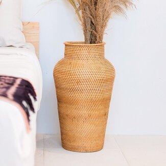 Soeji Geweven rotan vaas rond – grote boho decoratieve vaas – vaas hoog en smal – vloervaas handgemaakt van natuurlijke vezels (Ø 30 cm) KIDUNG