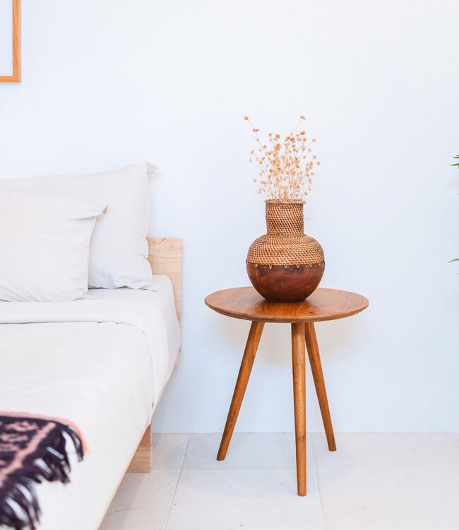 Rotan vaas – houten vaas – vaas voor gedroogde bloemen – kleine rotan vaas – Boho decor vaas gemaakt van geweven rotan en hout (Ø 22 cm) KAMARI bruin