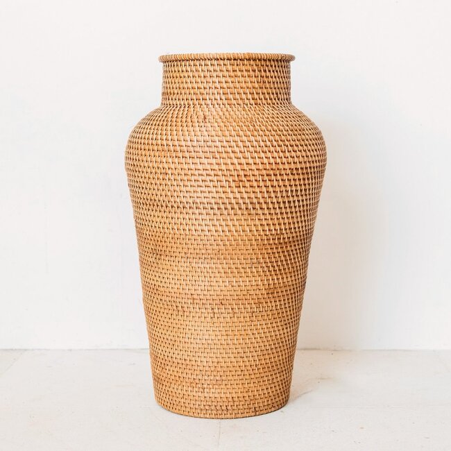 Geweven rotan vaas rond – grote boho decoratieve vaas – vaas hoog en smal – vloervaas handgemaakt van natuurlijke vezels (Ø 30 cm) KIDUNG