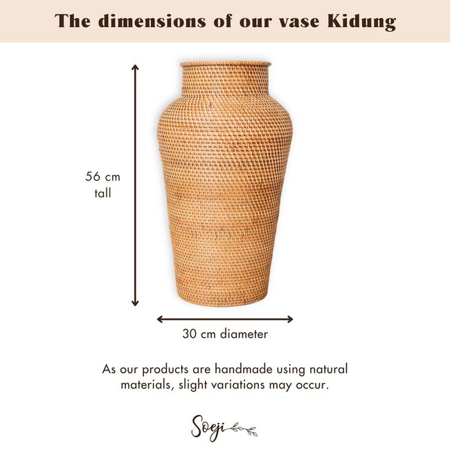 Geweven rotan vaas rond – grote boho decoratieve vaas – vaas hoog en smal – vloervaas handgemaakt van natuurlijke vezels (Ø 30 cm) KIDUNG